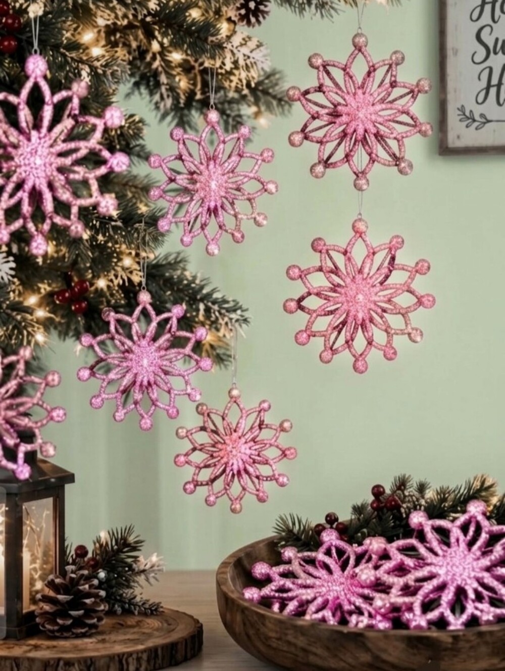 HOBBY LOBBY Pink Glitter Snowflake Ornaments Lot of 12 Shatterproof Large 9.5"